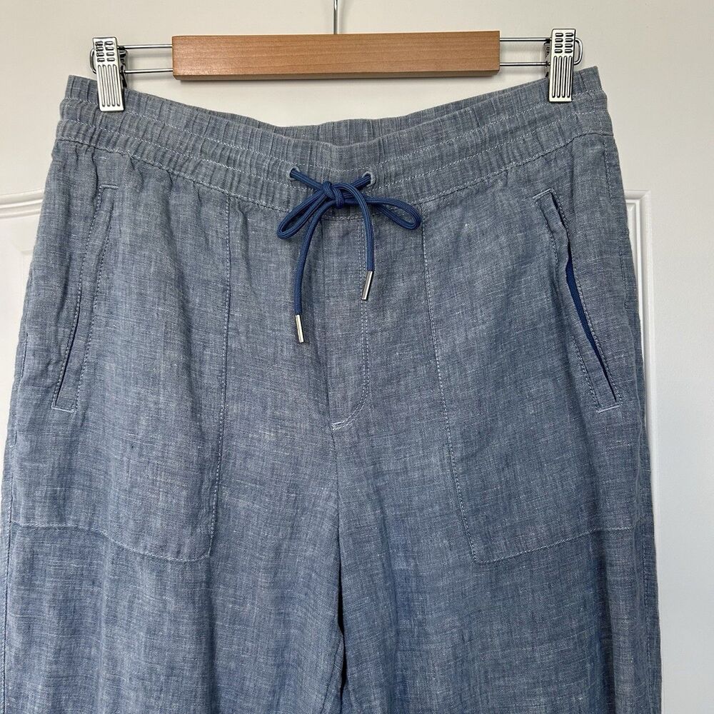 Athleta Retreat Blue Chambray Linen Jogger Pants Zip Pockets Size 10 Pull On